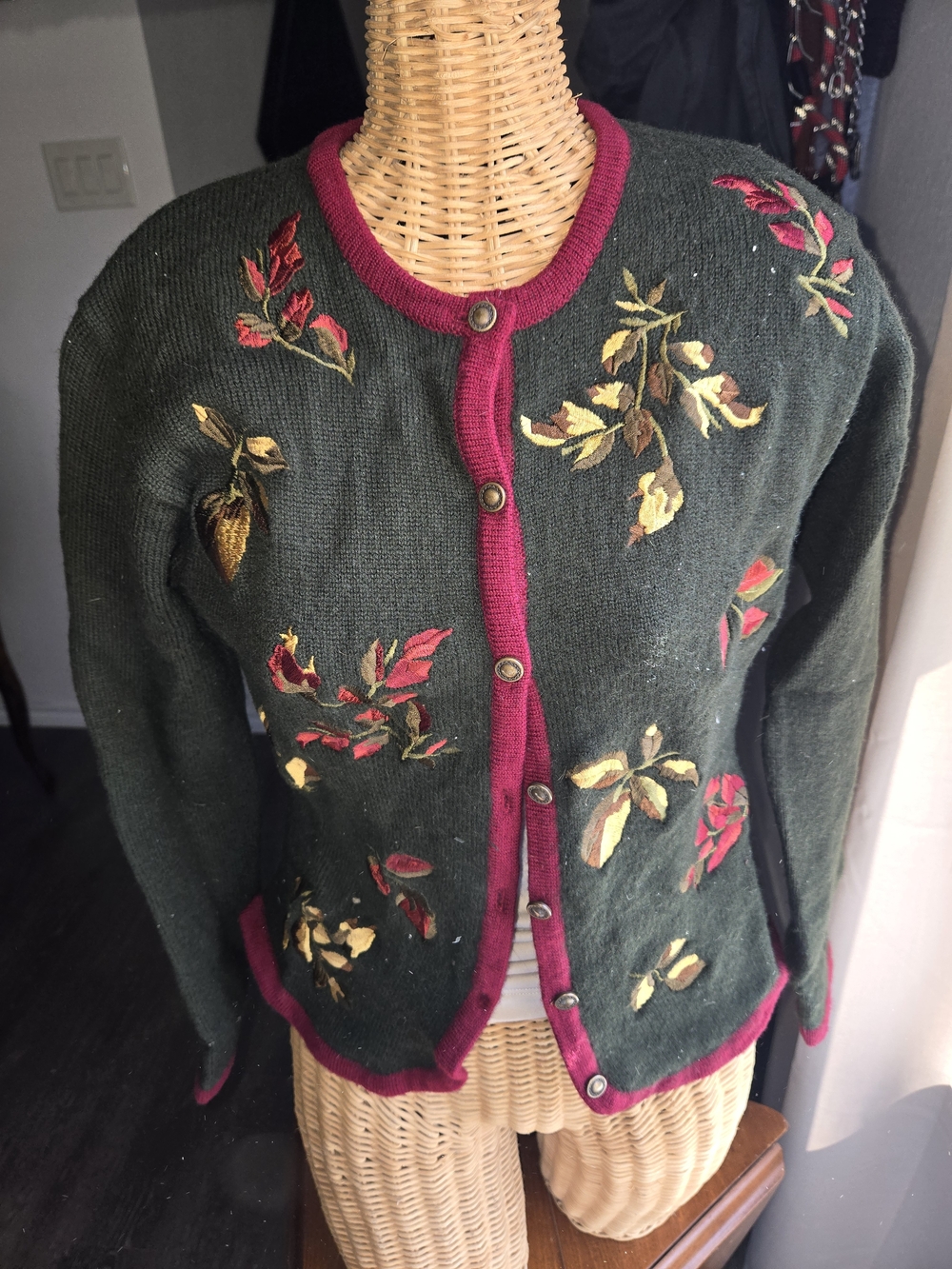 JH Collectibles Vintage Wool Forest Green Cardigan with Floral Embroidery